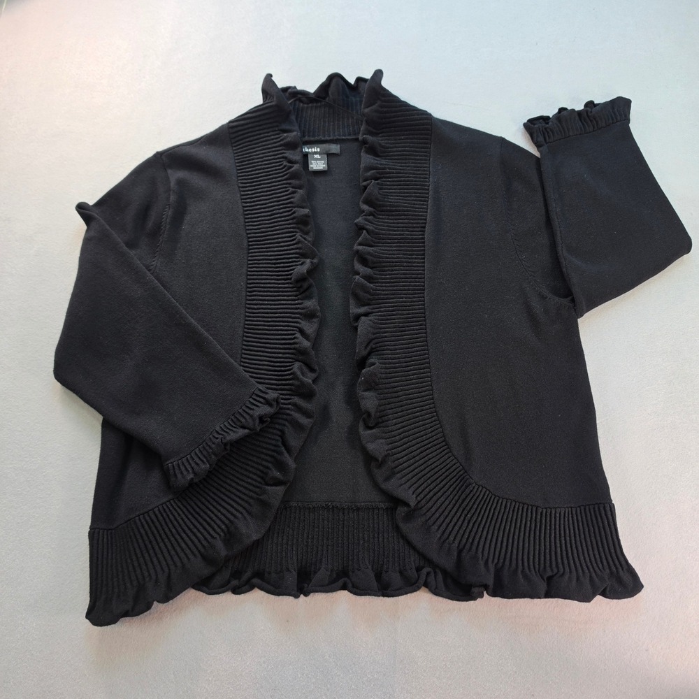 Thesis Womens Black Ruffle Trim Open Front Cardigan Sweater XL RN123385